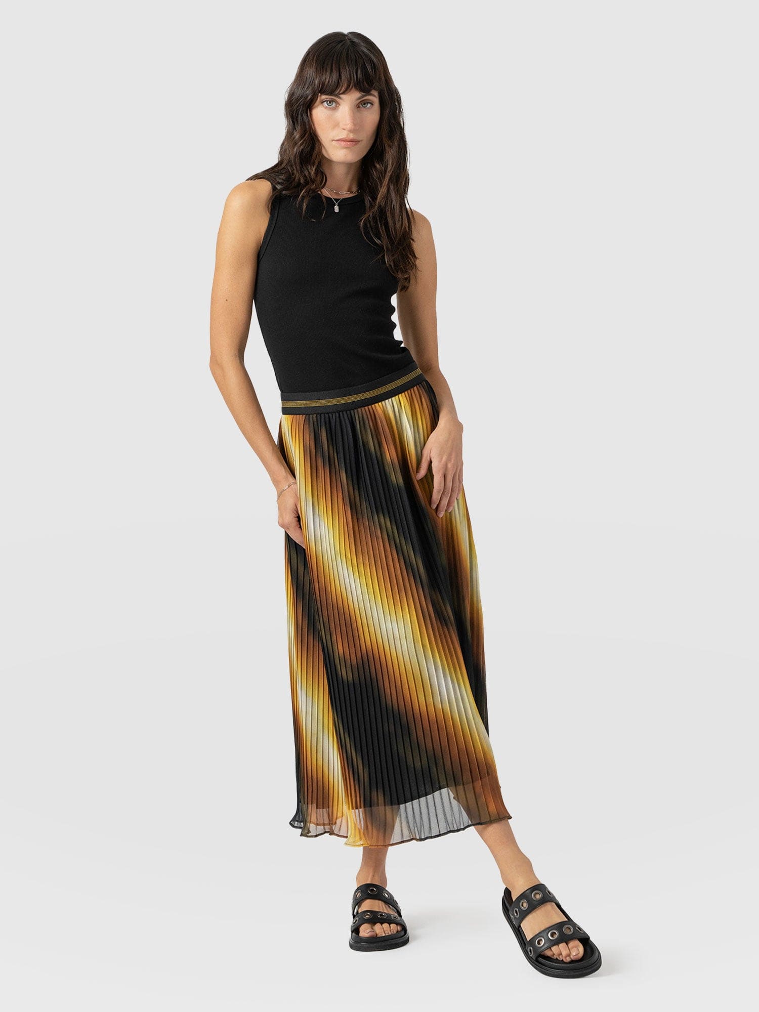 Aria Knee Length Pleated Skirt - Yellow Gradient